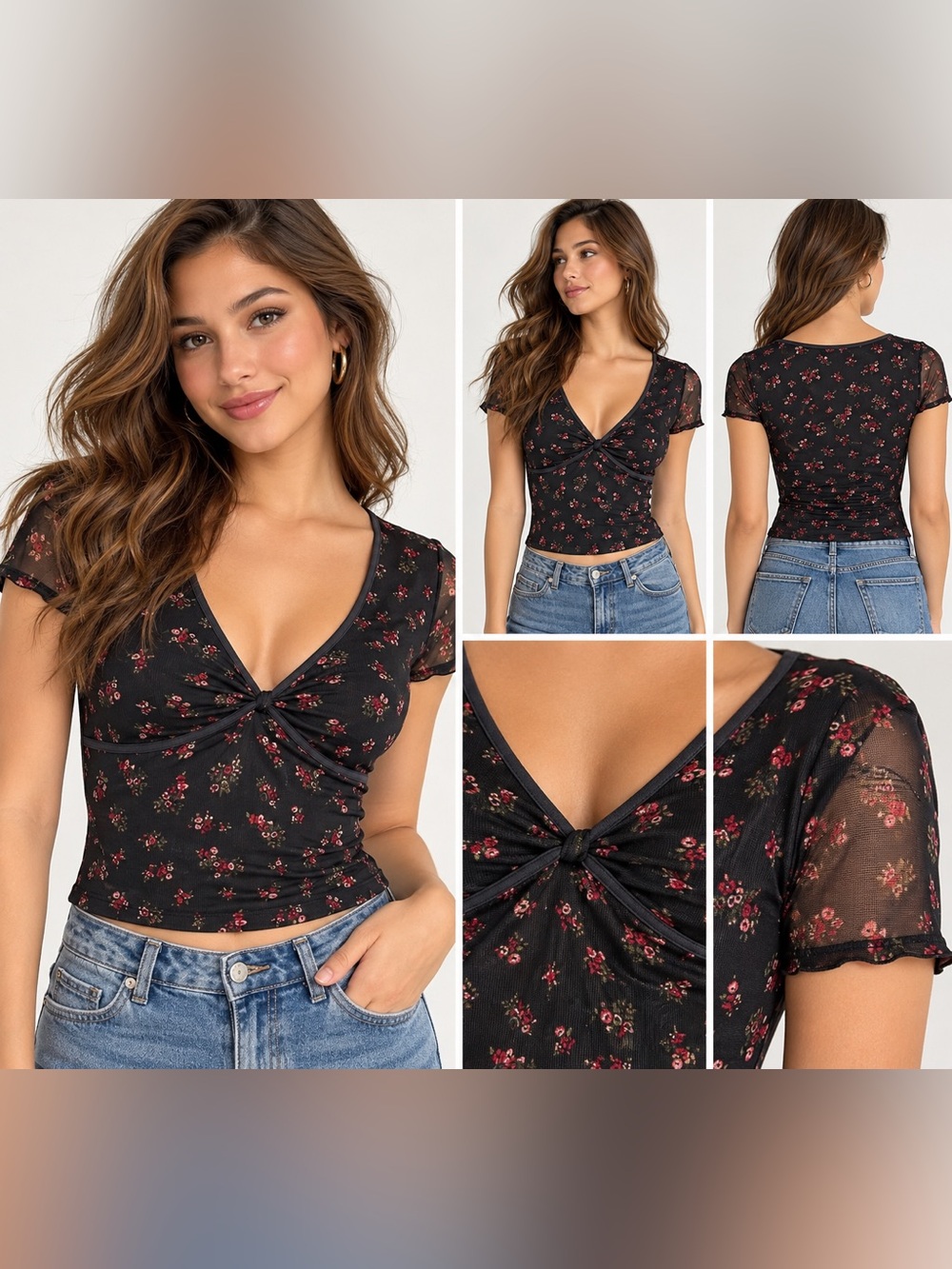 Aeropostale Black Floral Mesh Twist Front Crop Top Size Small NWT